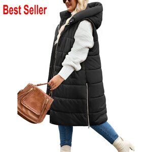 Long Puffer Vest Sleeveless Hooded Quilted Jacket Plus Size Winter Chic